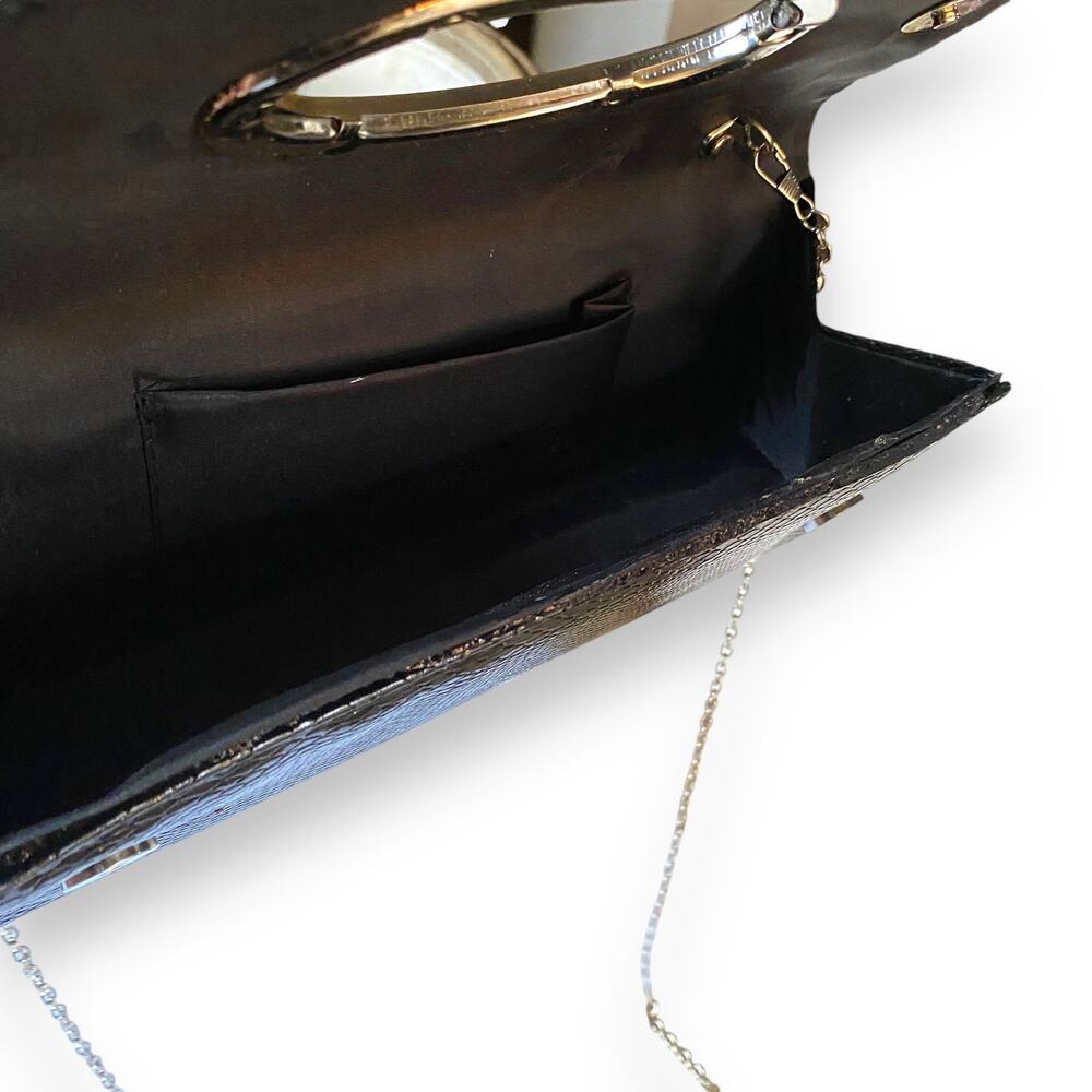 VNTG 90s Patent Snake Embossed East West HandBag Purse Black Chain Strap Clutch - Picture 9 of 9